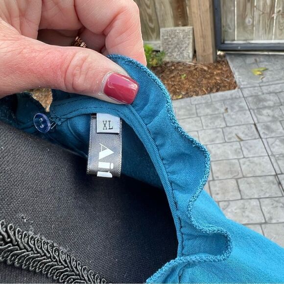 Aifer Turquoise Ruffle Collar Blouse w button closure in back & Flutter sleeves - Picture 3 of 12